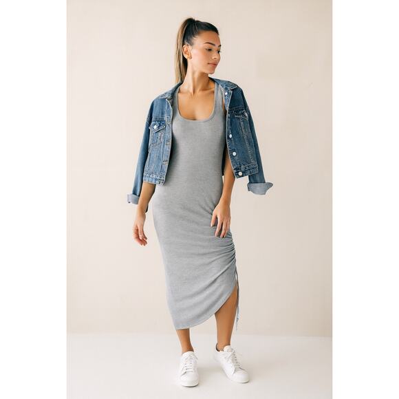 Sweaty Betty Gray Ribbed Tank Midi Dress | Racerback Side Ruched Athleisure | M - Picture 1 of 13